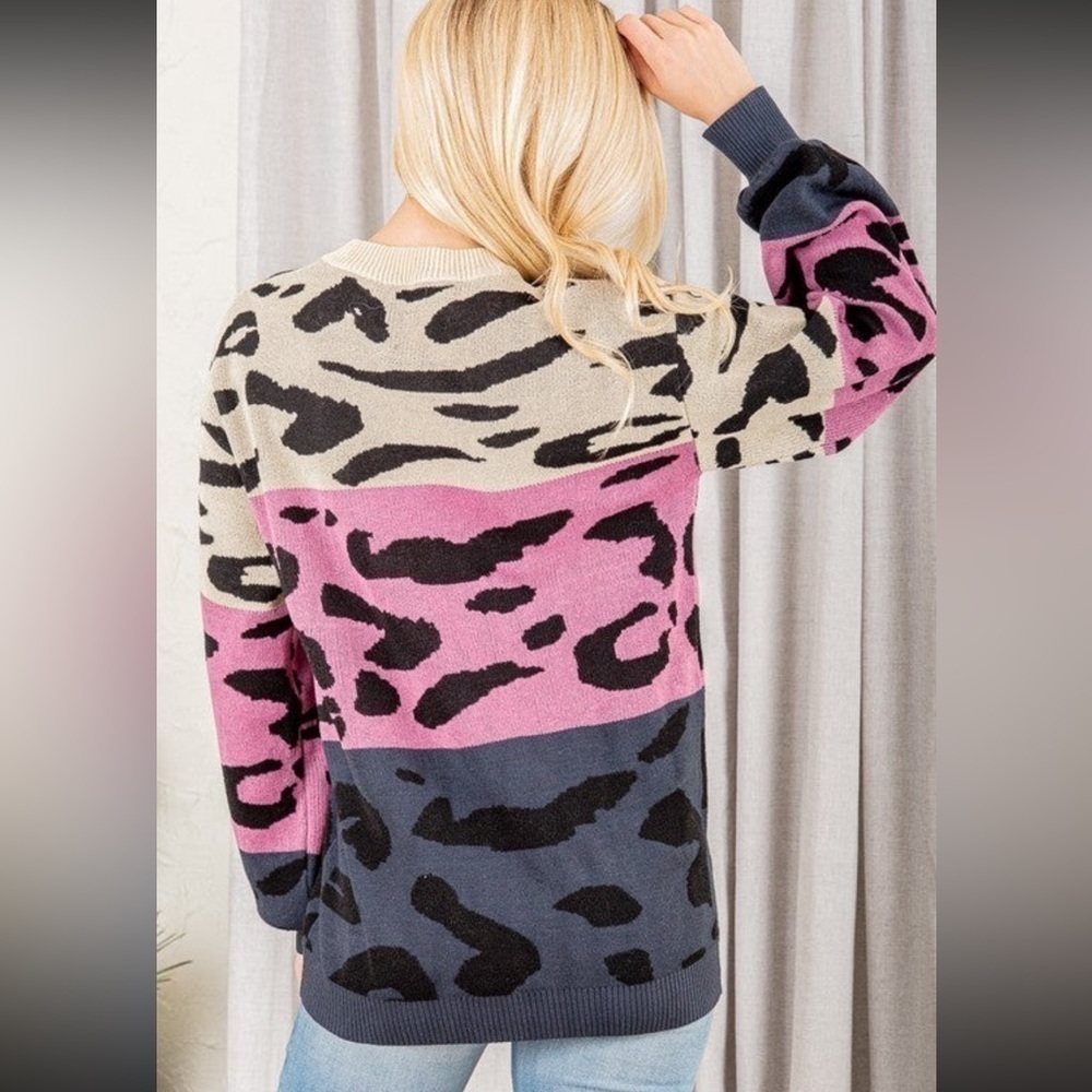 Last 1! Vibrant Color Block Super Soft Animal Print Puff Sleeve Sweater! - Picture 7 of 10